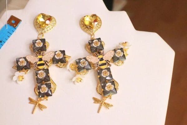 SOLD! 6063 Baroque Enamel Bee Lemon Flower Cross Statement Earrings - Image 8