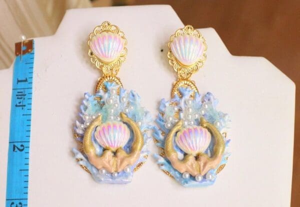SOLD! 6065 Baroque Hand Painted Blue Coral Reef Mermaids Stunning Studs Earrings - Image 9