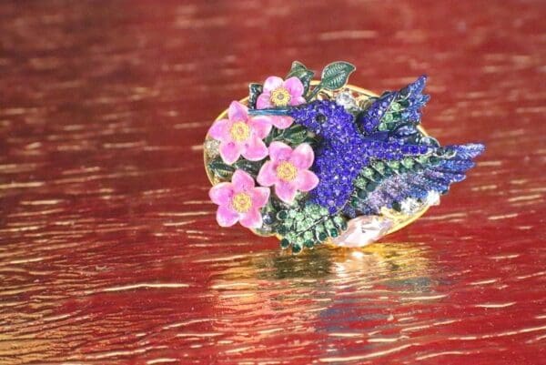 SOLD! 6067 Baroque Double Finger Crystal Hummingbird Flowers Adjustable Ring - Image 3