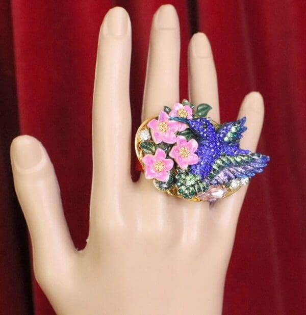 SOLD! 6067 Baroque Double Finger Crystal Hummingbird Flowers Adjustable Ring - Image 5