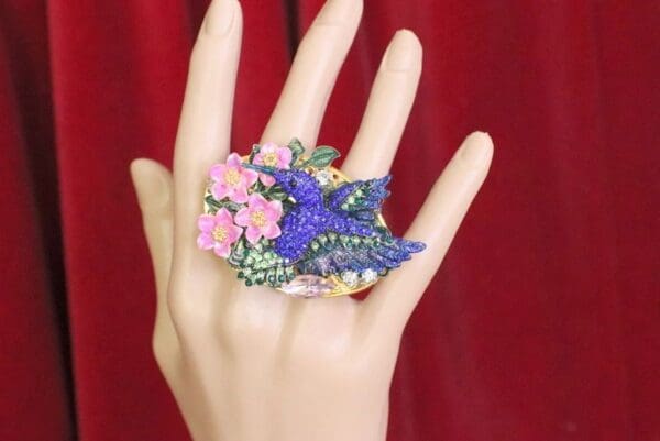 SOLD! 6067 Baroque Double Finger Crystal Hummingbird Flowers Adjustable Ring - Image 6