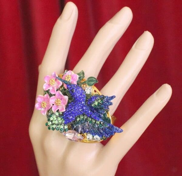 SOLD! 6067 Baroque Double Finger Crystal Hummingbird Flowers Adjustable Ring - Image 7