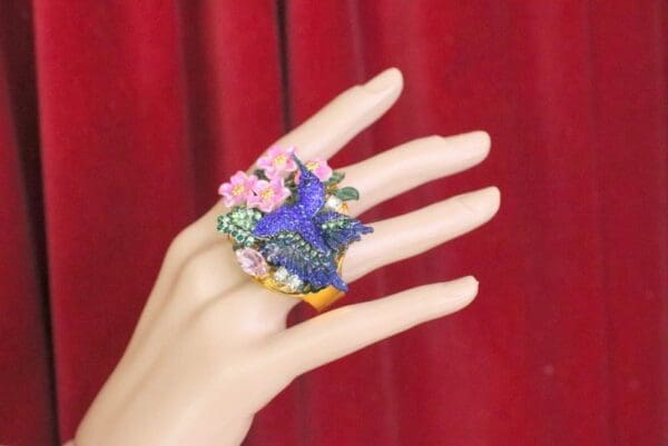 SOLD! 6067 Baroque Double Finger Crystal Hummingbird Flowers Adjustable Ring - Image 8