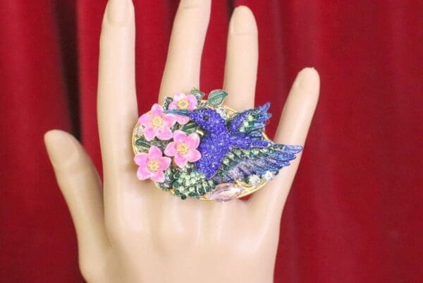 SOLD! 6067 Baroque Double Finger Crystal Hummingbird Flowers Adjustable Ring - Image 2