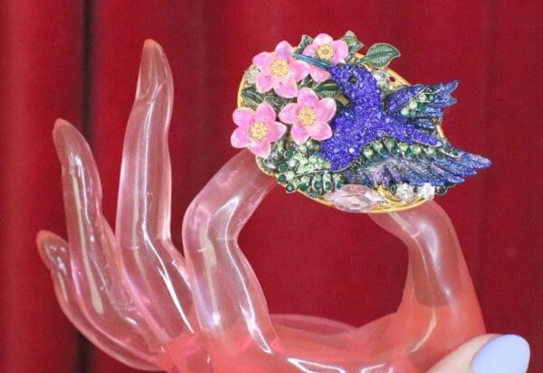 SOLD! 6067 Baroque Double Finger Crystal Hummingbird Flowers Adjustable Ring - Image 9