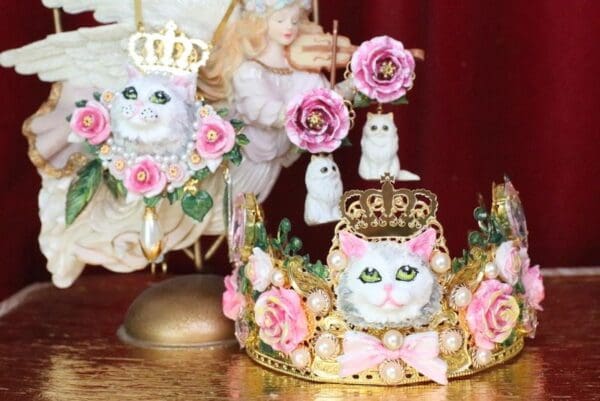 SOLD! 6077 Baroque Hand Painted 3 D Effect Lady Cat Roses Crown