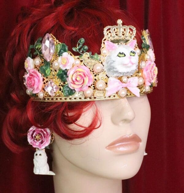SOLD! 6077 Baroque Hand Painted 3 D Effect Lady Cat Roses Crown - Image 7