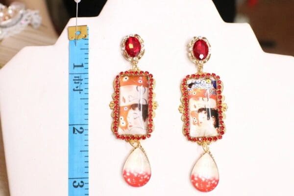 SOLD! 6091 Gustav Klimt Red Tall Statement Earrings - Image 3