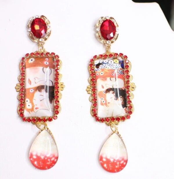 SOLD! 6091 Gustav Klimt Red Tall Statement Earrings - Image 4