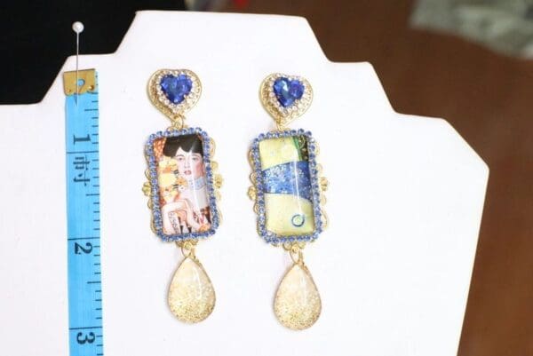 SOLD! 6092 Gustav Klimt Blue Tall Statement Earrings - Image 3