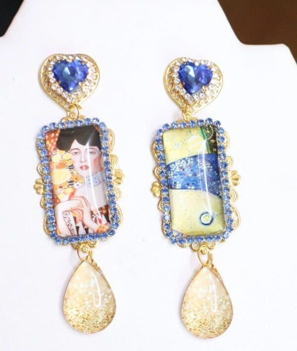 SOLD! 6092 Gustav Klimt Blue Tall Statement Earrings - Image 4