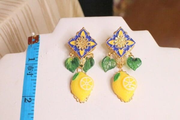 SOLD! 6093 Baroque Sicilian Tile Lemon Fruit Statement Earrings - Image 7