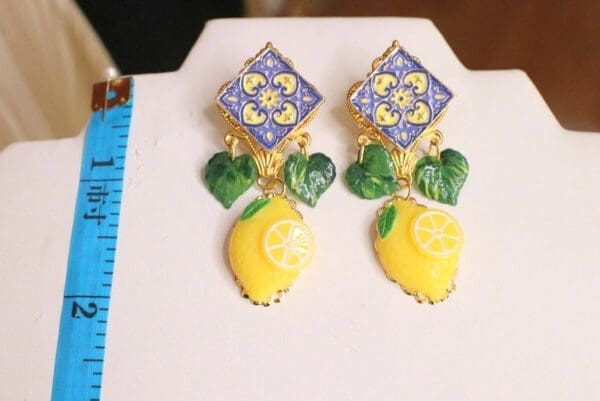 SOLD! 6094 Baroque Sicilian Tile Lemon Fruit Statement Earrings - Image 6