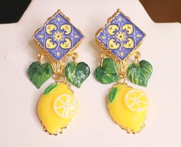 SOLD! 6094 Baroque Sicilian Tile Lemon Fruit Statement Earrings