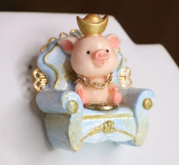 SOLD! 6095 Baroque 3D Effect Hand Painted Adorable Pig In a Chair Unique Brooch