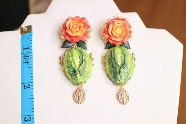 SOLD! 6102 Baroque Hand Painted Cabbage Rose Statement Earrings - Image 5