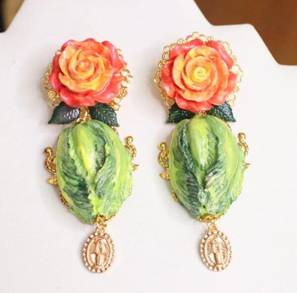 SOLD! 6102 Baroque Hand Painted Cabbage Rose Statement Earrings - Image 2