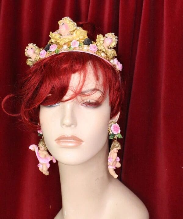 SOLD! 6116 Baroque Musical Hand Painted Roses Cherubs Angels Statement Earrings - Image 3