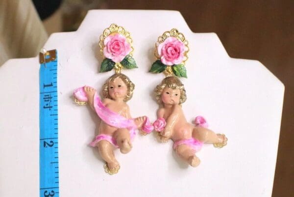 SOLD! 6116 Baroque Musical Hand Painted Roses Cherubs Angels Statement Earrings - Image 5
