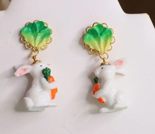6120 SOLD! Adorable 3D Effect Art Jewelry Bunny Cabbage Statement Earrings - Image 7