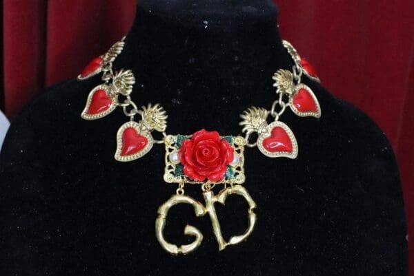 SOLD! 6122 Hand Painted Baroque Sacred Hearts Roses Elegant Choker Necklace - Image 4