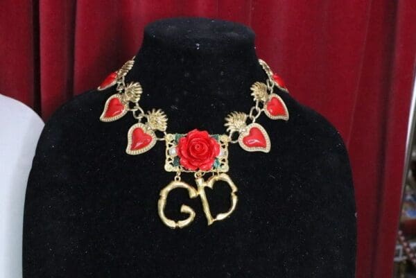 SOLD! 6122 Hand Painted Baroque Sacred Hearts Roses Elegant Choker Necklace - Image 5
