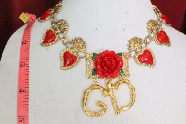 SOLD! 6122 Hand Painted Baroque Sacred Hearts Roses Elegant Choker Necklace - Image 6