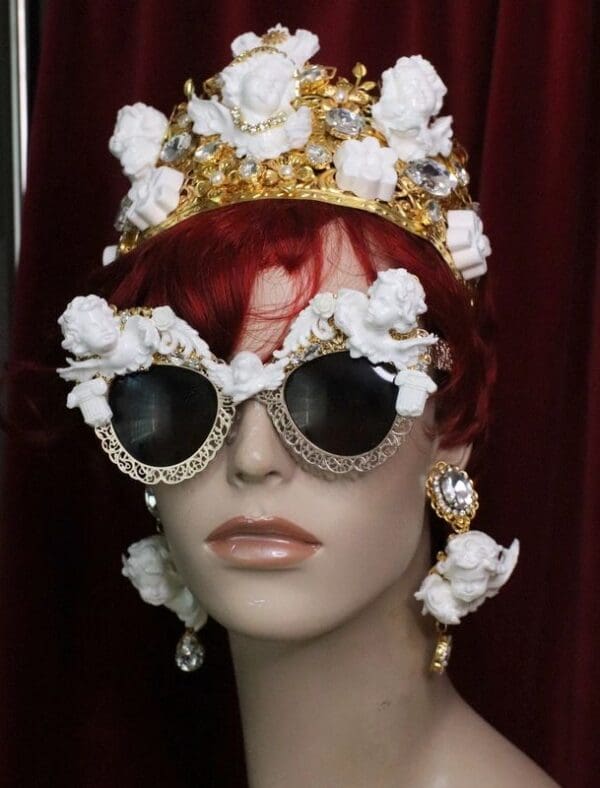 SOLD! 6125 Baroque Gold Filigree White Chubby Cherubs Embellished Sunglasses - Image 5