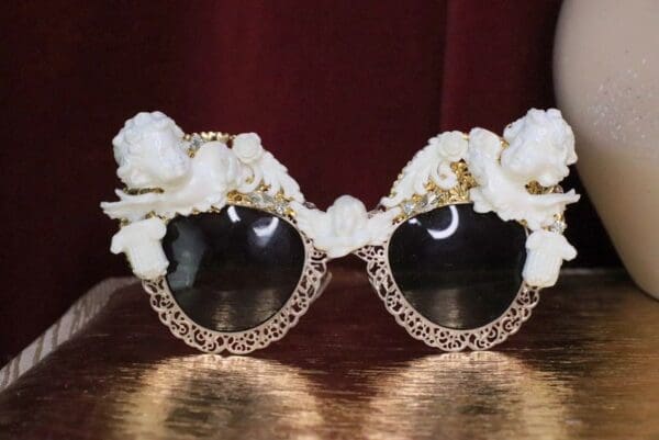 SOLD! 6125 Baroque Gold Filigree White Chubby Cherubs Embellished Sunglasses - Image 3