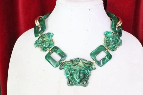 SOLD! 6143 Hand Painted Baroque Malachite Effect Medusa Head Statement Necklace - Image 3