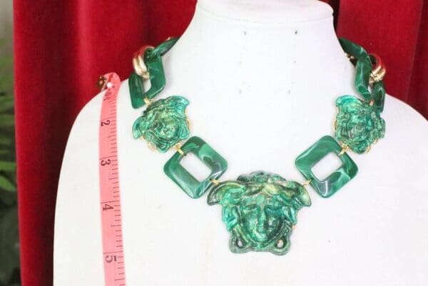 SOLD! 6143 Hand Painted Baroque Malachite Effect Medusa Head Statement Necklace - Image 7