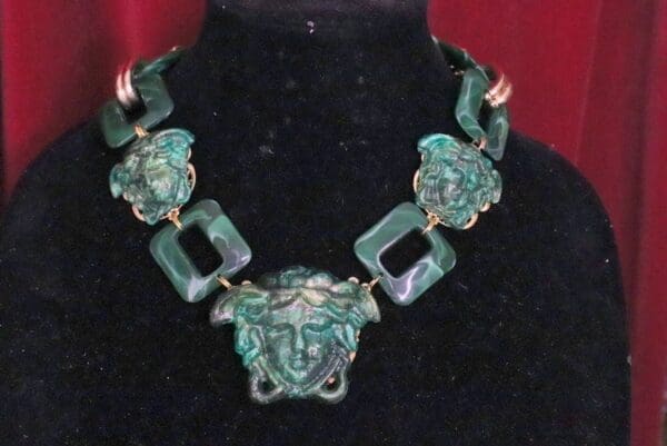 SOLD! 6143 Hand Painted Baroque Malachite Effect Medusa Head Statement Necklace - Image 5