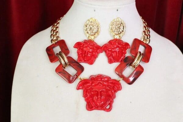 SOLD! 6144 Set Of Hand Painted Baroque Head Red Medusa Head Statement Necklace+ Earrings - Image 9