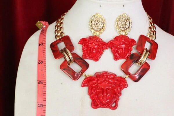 SOLD! 6144 Set Of Hand Painted Baroque Head Red Medusa Head Statement Necklace+ Earrings - Image 3