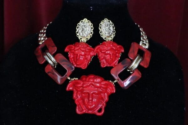SOLD! 6144 Set Of Hand Painted Baroque Head Red Medusa Head Statement Necklace+ Earrings - Image 4