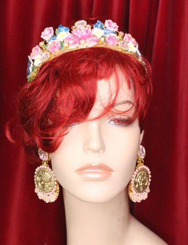 SOLD! 6146 Roman Coin Flower Blossom Pink Statement Earrings - Image 5