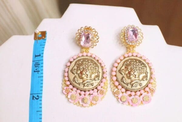 SOLD! 6146 Roman Coin Flower Blossom Pink Statement Earrings - Image 9