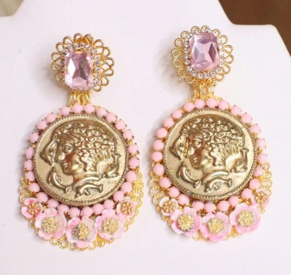 SOLD! 6146 Roman Coin Flower Blossom Pink Statement Earrings - Image 3