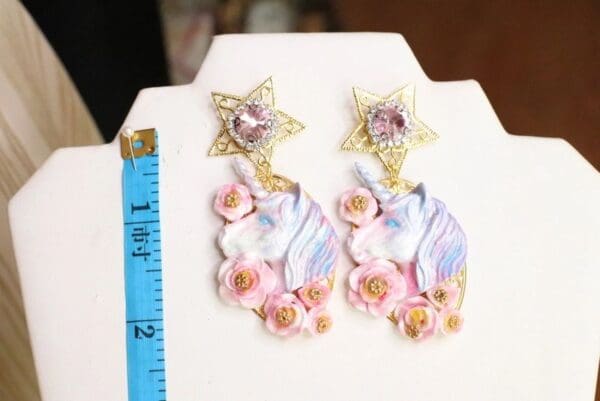 SOLD! 6147 Hand Painted Unicorn Flowers Statement Earrings - Image 6