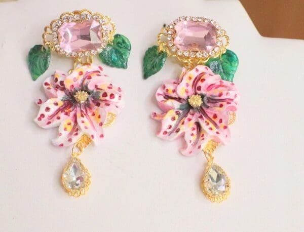 SOLD! 6154 Baroque Runway Hand Painted Lily Flower Studs Earrings - Image 6