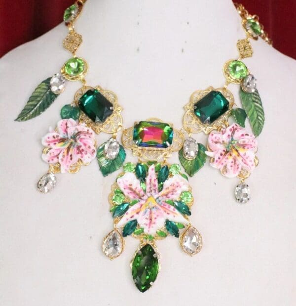SOLD! 6155 Runway Designer Lily Orchid Flower Crystal Statement Necklace - Image 5