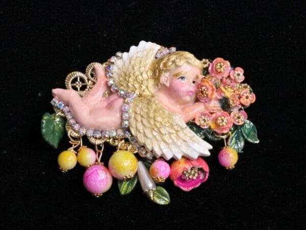 SOLD! 6178 Barrette Baroque Vivid Cherub Roses Hand Painted Crystal
