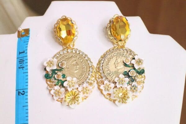 SOLD! 6180 Baroque Runway Lemon Flower Roman Coin Yellow Crystal Studs Earrings - Image 7