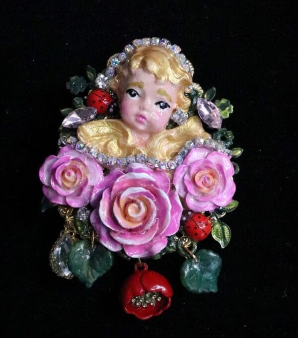 SOLD! 6181 Baroque Hand Painted Vivid Cherub Angel Fuchsia Roses Brooch
