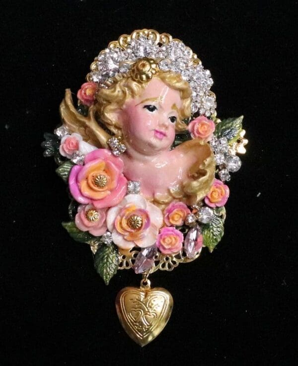 SOLD! 6196 Baroque Hand Painted Vivid Chubby Cherub Angel Fuchsia Roses Brooch - Image 2
