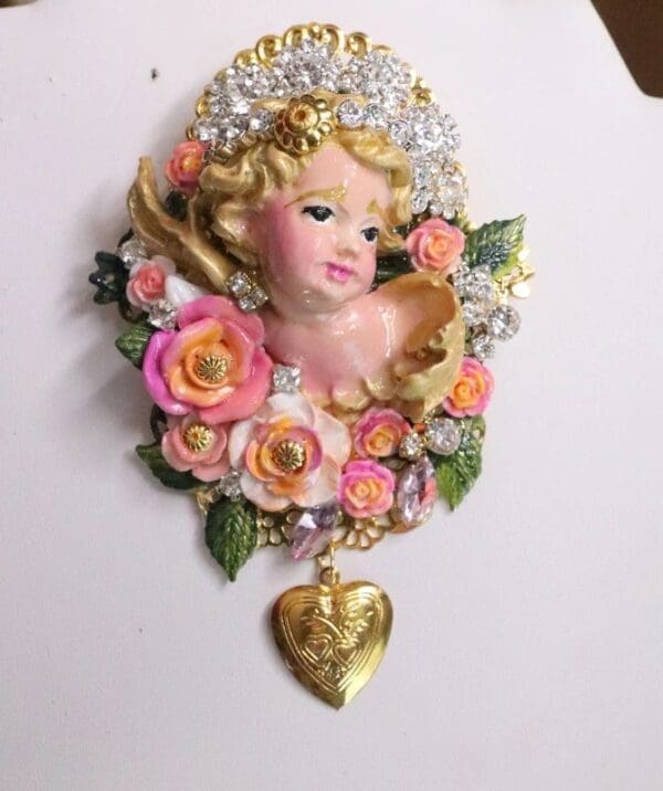 SOLD! 6196 Baroque Hand Painted Vivid Chubby Cherub Angel Fuchsia Roses Brooch