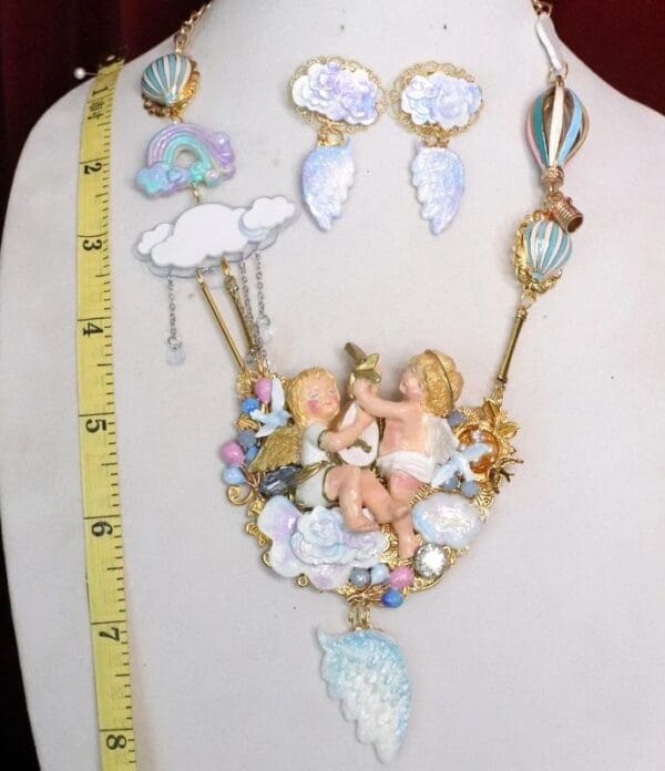 SOLD! 6200 Set Of Hand Painted Vivid Angels Cherubs In a Cloud Necklace+ Earrings - Image 2