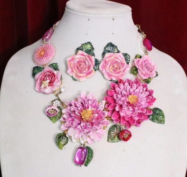 SOLD! 6206 Set Of Baroque Art Nouveau Vivid Asters Flowers Crystal Bee Hand Painted Necklace + Earrings - Image 3