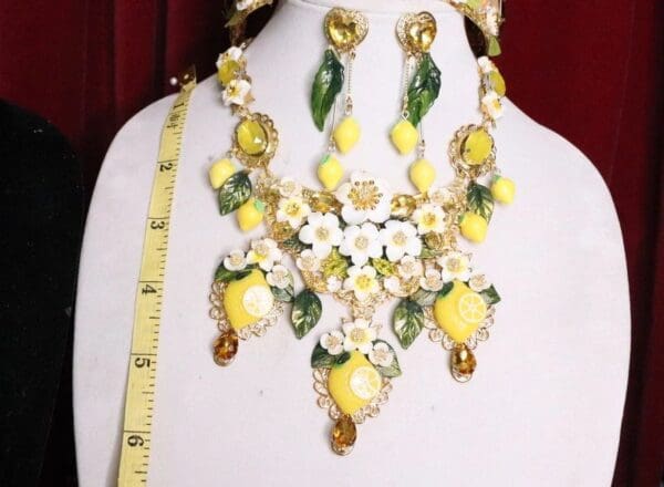 SOLD! 6226 Set Of Hand Painted Baroque Lemon Fruit Flower Blossom Massive Necklace+ Earrings - Image 5