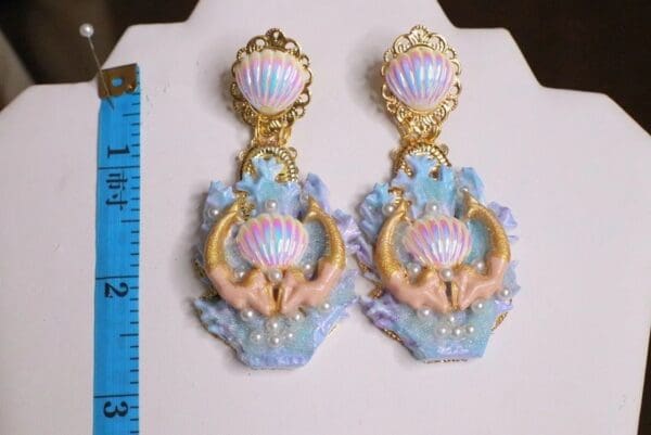 SOLD! 6232 Baroque Hand Painted Blue Coral Reef Mermaids Stunning Studs Earrings - Image 7